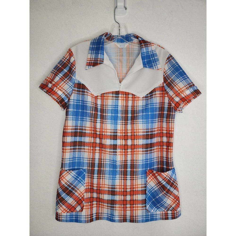 Vintage 70s Sears Retro Plaid Smock Large Pockets CC Zipper Women's Medium